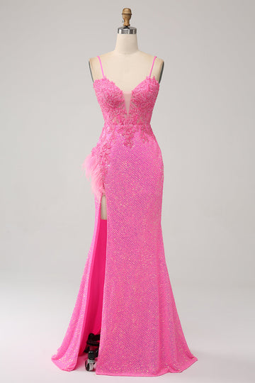 Di moda Sirena Spalline sottili Paillettes Rosa Abito Lungo Ballo con Applicazioni